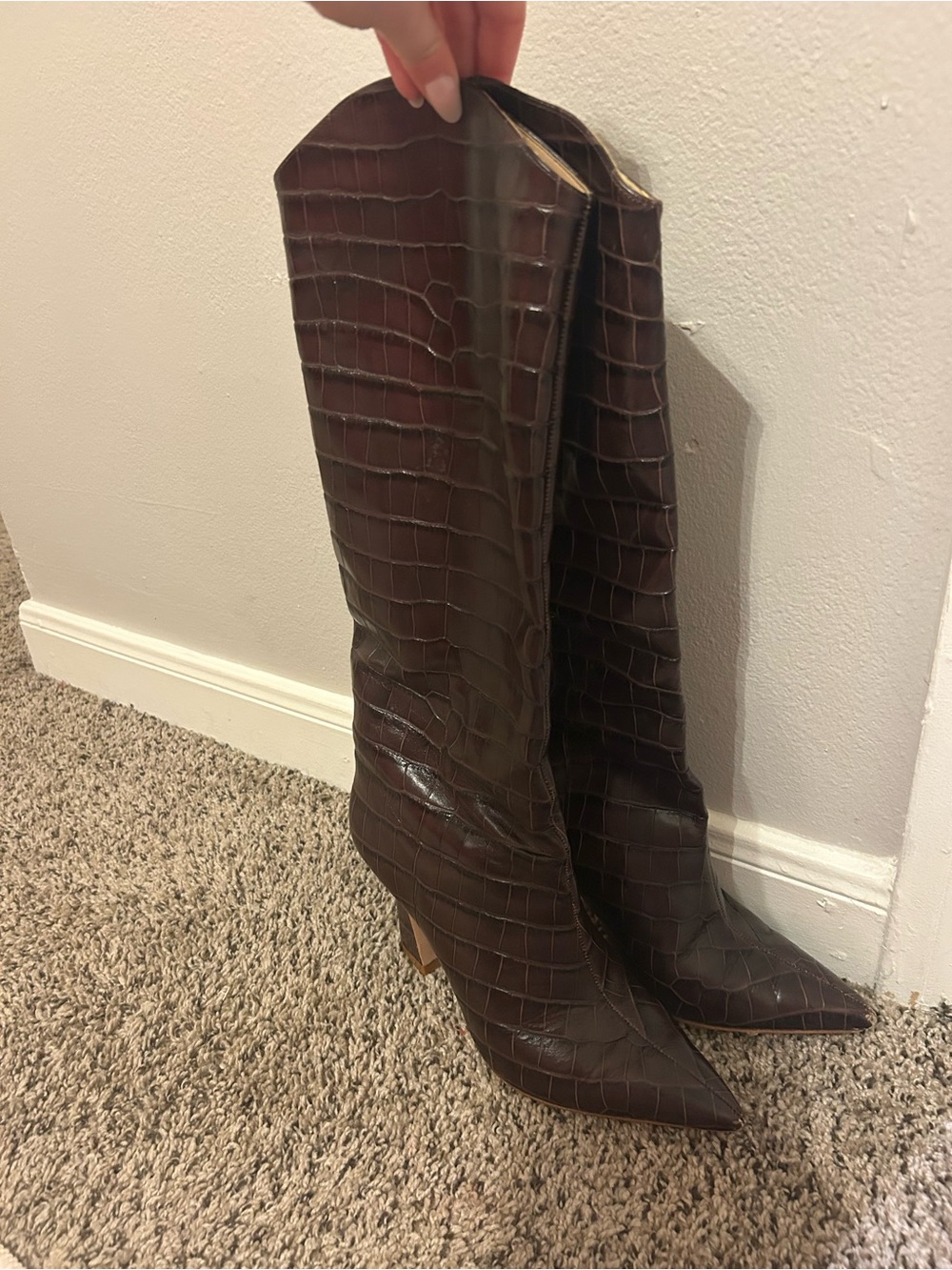 SCHUTZ Dark Brown Croc-Embossed Knee Boots